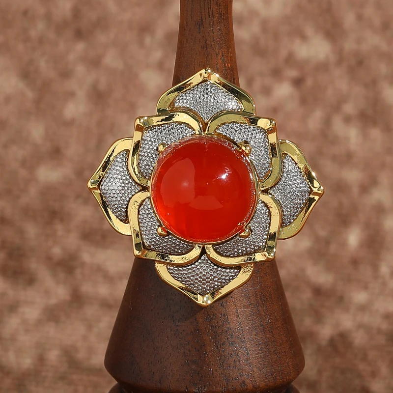 

Vintage Red Agate Sunflower Flower Ring Gold Color Large Jewelry Luxury Designer For Women Thanksgiving Cocktail Accessories