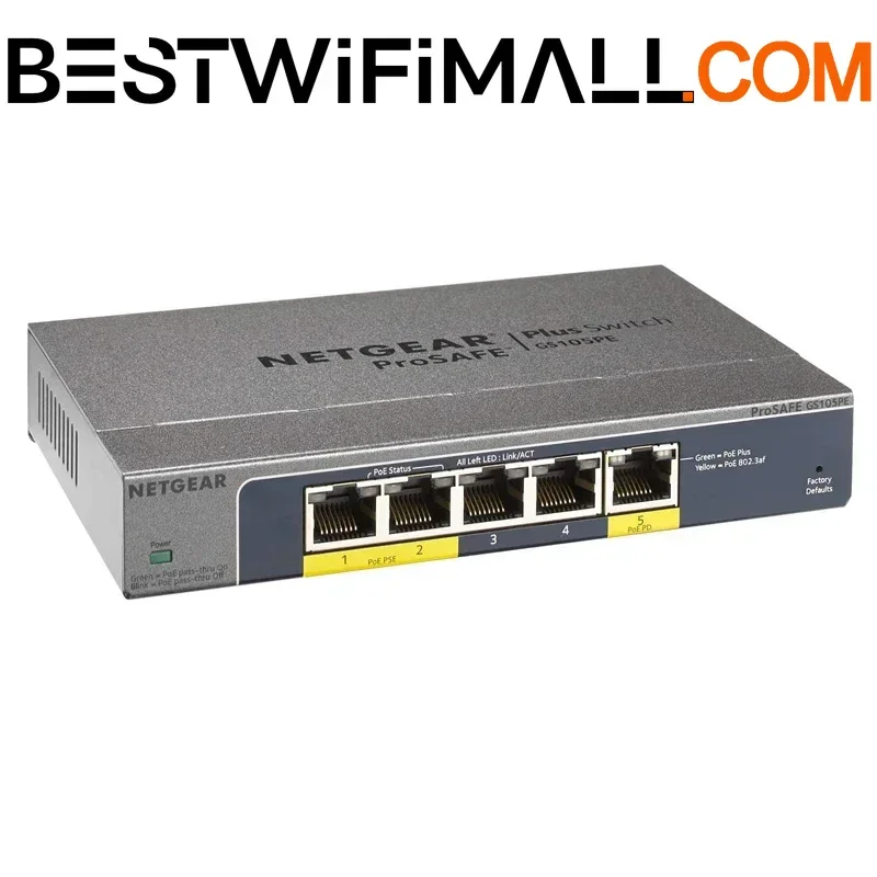 

NETGEAR GS105PE Gigabit Plus Switch 5-Port Gigabit Ethernet Plus PoE Pass-Throu/PoE Power Down Switch With 2-Port PoE Out Ports