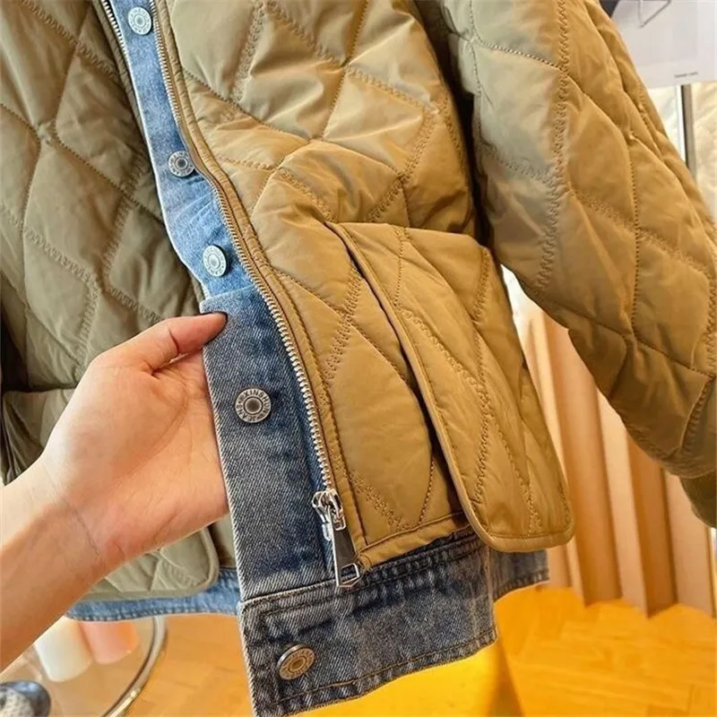 2025 autumn new denim splicing two winter cotton jacket coat Women Parkas fashion short loose padded Clothes Female Outwear T658