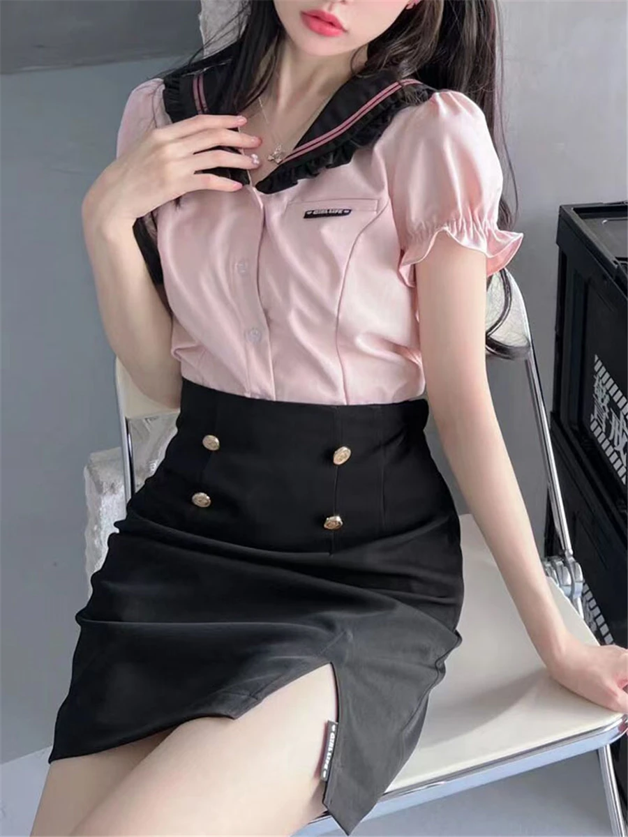 Lifegirl Korean JK Uniform Suit Hot Girl 2024 Summer Sweetheart Japanese Sailor Suit Short Sleeve Black High Waist Sheath Dress