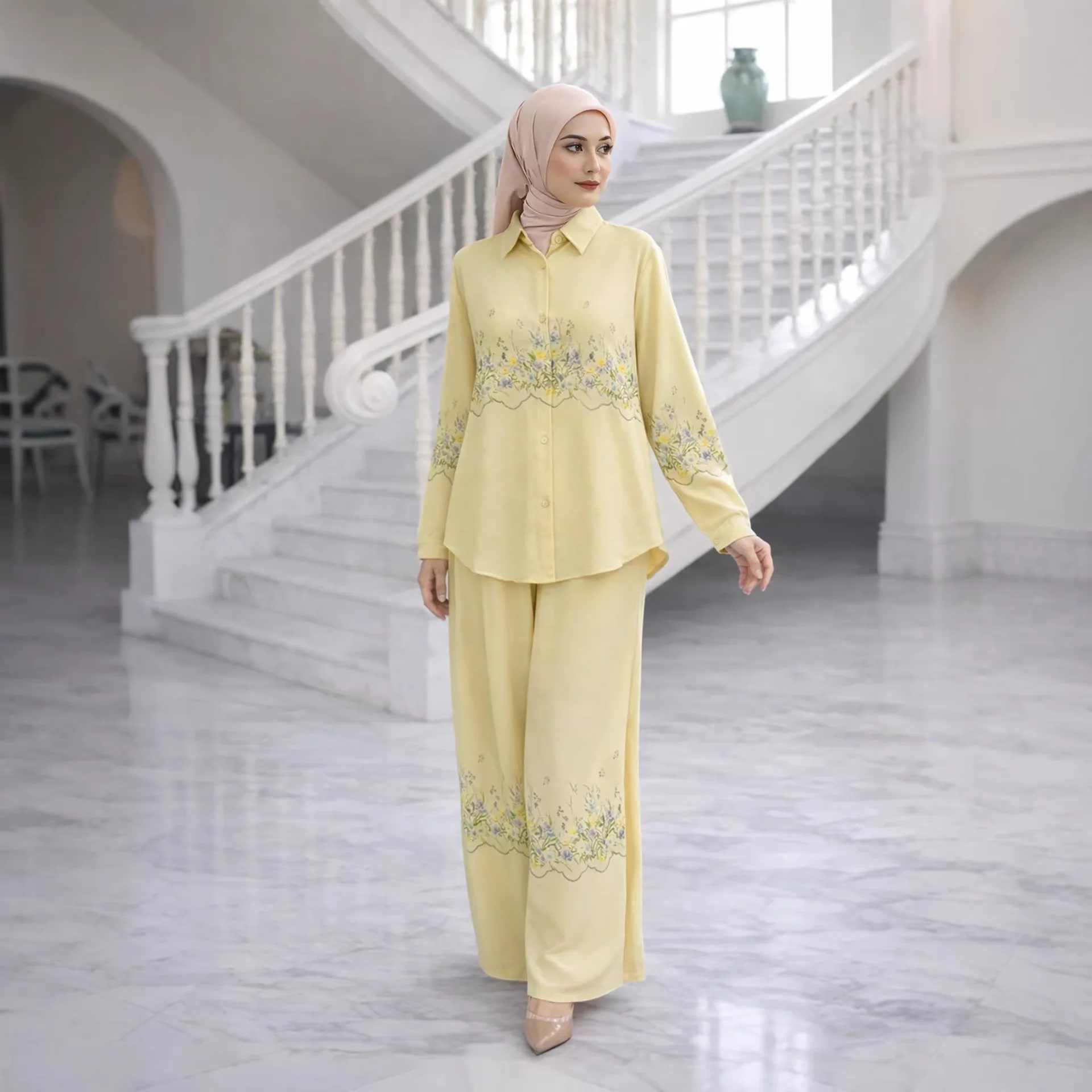 

Eid 2 Piece Sets Women Print Shirt Wide Leg Pants Suit Ramadan Top Ensemble Morocco Dubai Muslim Overshirt Trousers Outfits