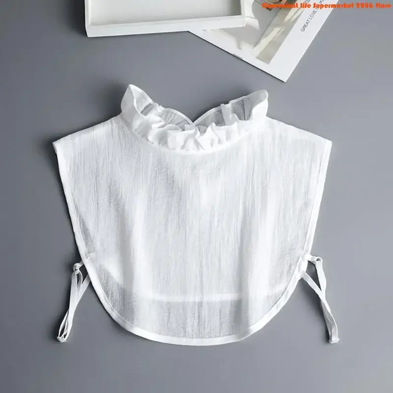 E06E Women Stand Ruffled Fake Collar Shirt Accessory Hollow Out Keyhole Necktie Dickey Detachable White Pullover Half Blouse