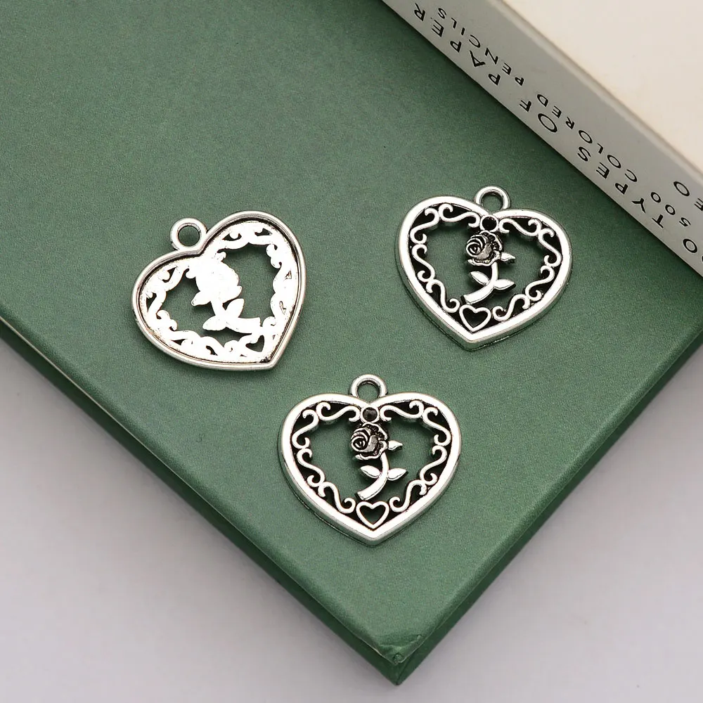 30pcs/lot--19x20mm Antique Silver Plated Valentine's Day Charms Rose Heart Pendant For Jewelry Making Diy Necklace Earring Craft