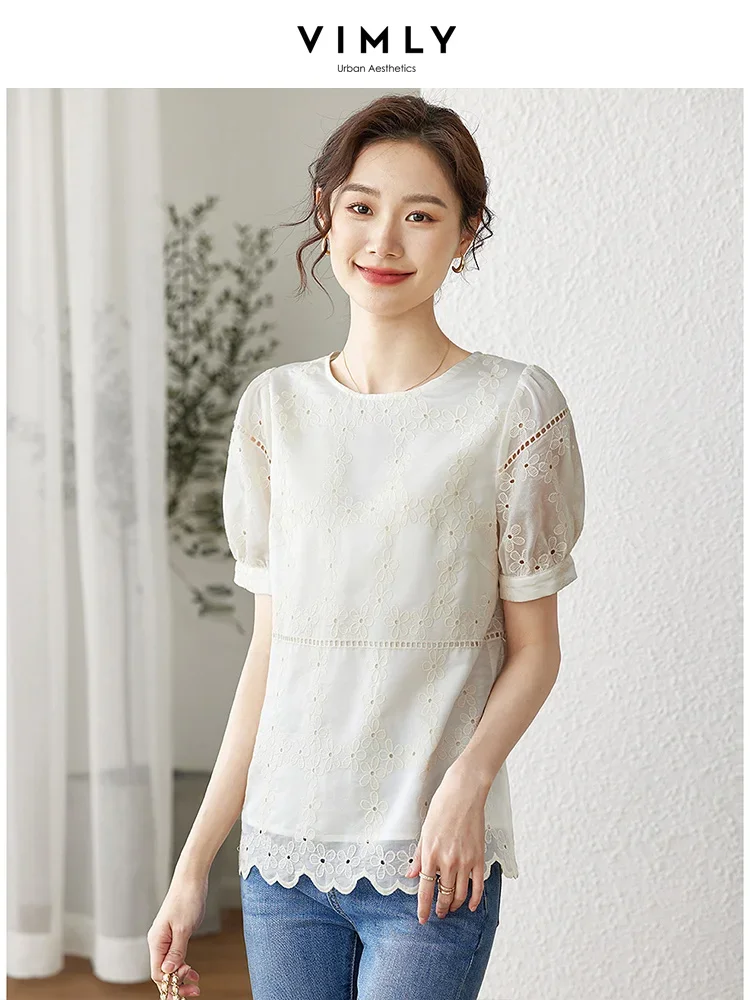 Vimly Straight Loose Elegant Blouse for Women 2023 Korean Fashion Hook Flower Hollow Pullover Short Sleeve Office Lady Shirt Top