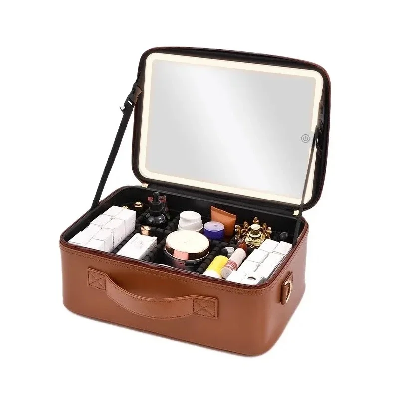 Large-Capacity Cosmetic Bag for Women with Portable High-End LED Light And Mirror 10-inch 15-inch Travel Vanity Case