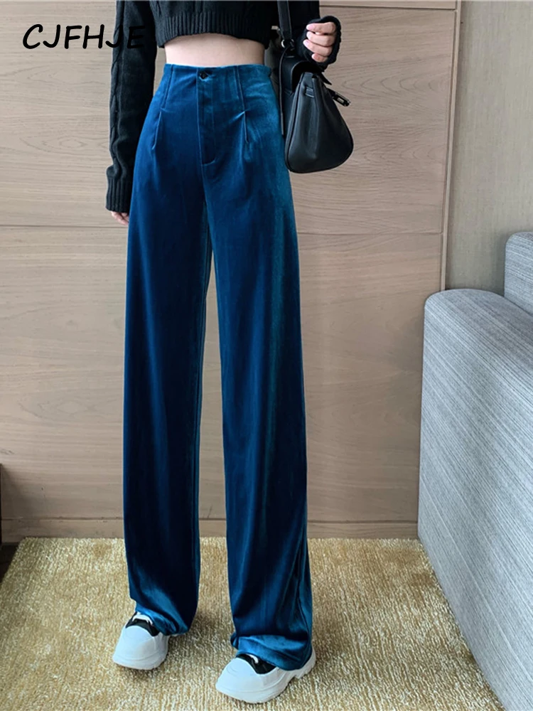 CJFHJE Winter Blue Velvet Elegant Pants Women Black Casual Korean Style Wide Leg Pants Loose Fashion High Waist Trousers Female