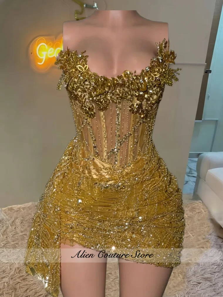 Gold Beaded Homecoming Dress For Black Girl Gems Diamonds Mini Cocktail Party Gown For Prom Party Gowns 2026 Customized