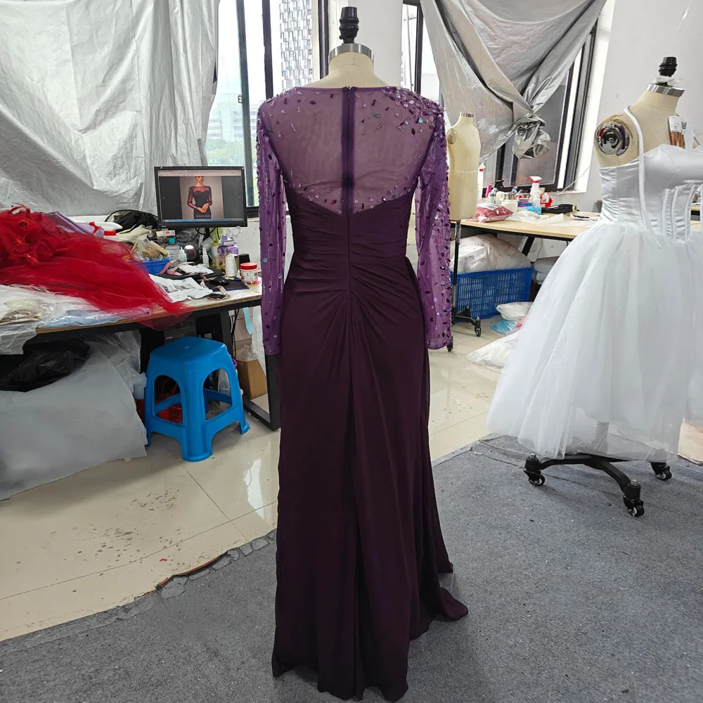 Customized Bead Embrodiery Evening Dresses O Neck Tranparent Sleeve Wedding Party Gown Draped Chiffon Formal vestidos de noche
