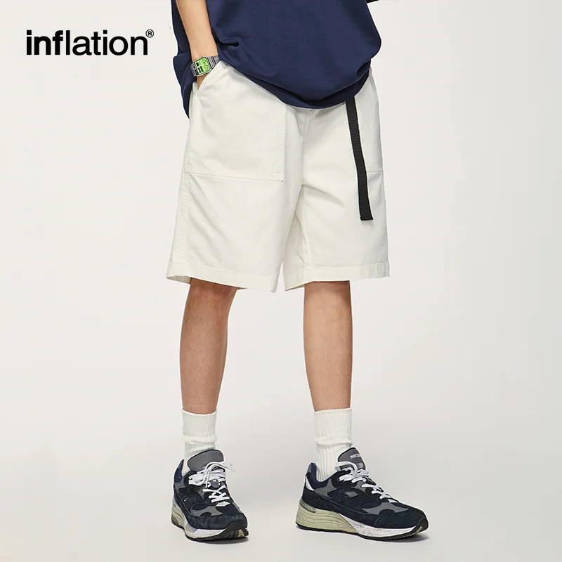 ININFLATION Solid Color Straight Leg Shorts Unisex Harajuku Loose Fit Cargo Shorts with Belt