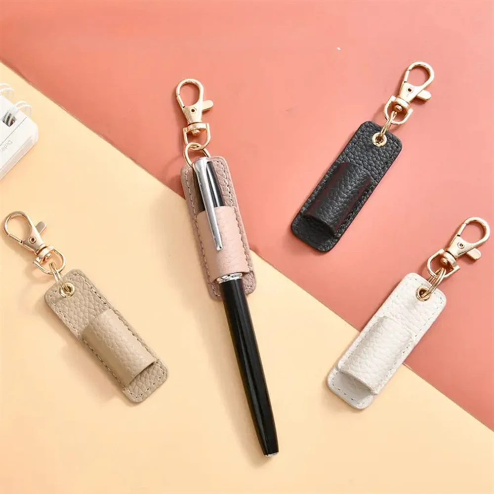 Litchi Pattern PU Leather Pen Clip Portable Pen Holder with Keychain Pen Cover Pen Pouch Wear-resistant Pen Clip Doctor Student