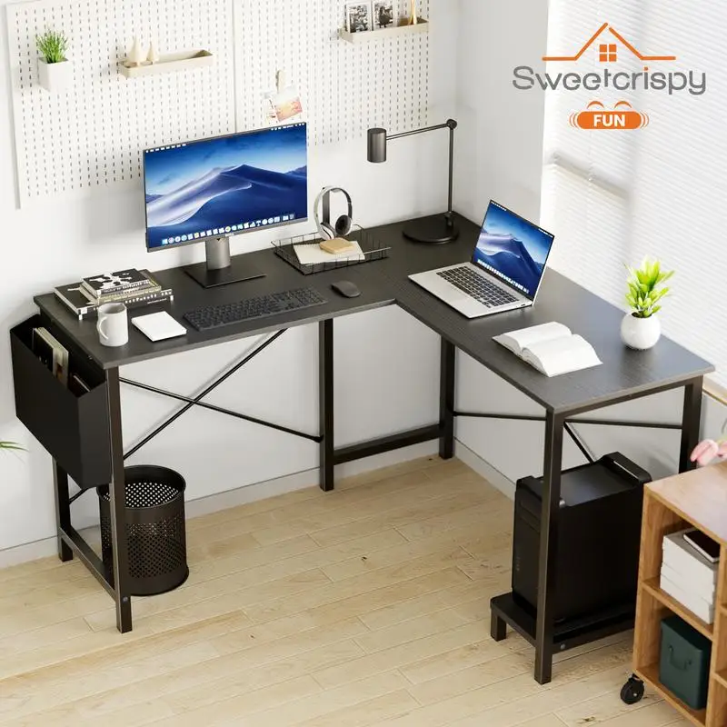 

n 50 Inches L Shaped Desk - Computerming Desk PC Table with CPU Stand Side Bag for Home Office Dorm Sturdy Writing Workstation