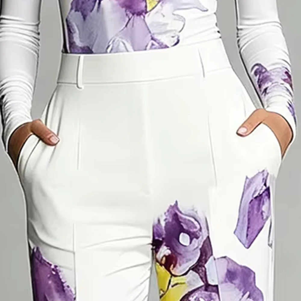 

Women's Elegant Floral 2-Piece Set Crew Neck Long Sleeve Top & Fashion High Waist Pocket Wide Leg Pants Casual Office Outfit