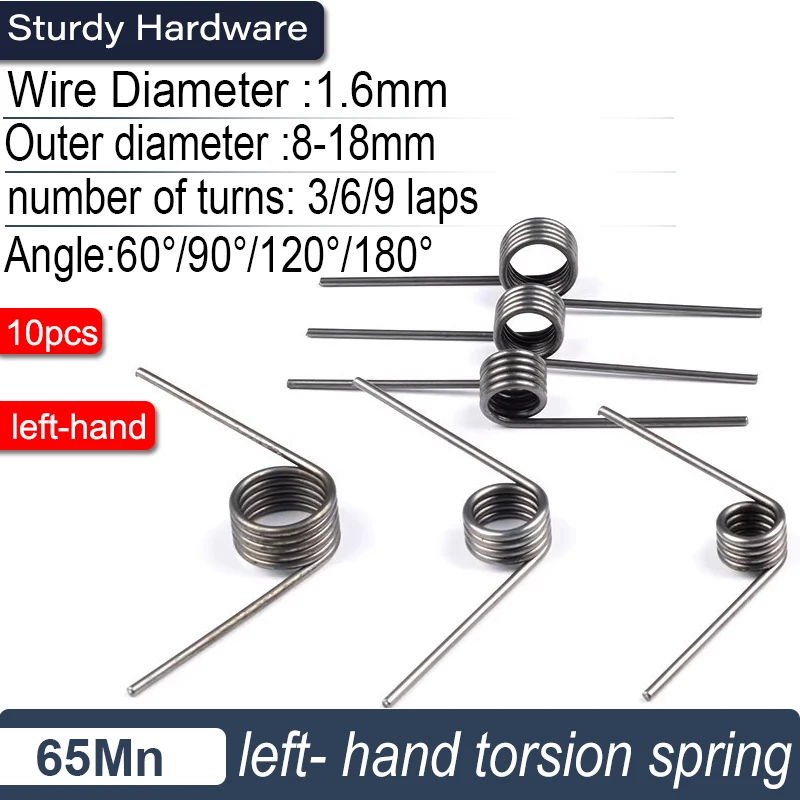 65Mn Spiral V-Shaped Torsion Spring for Hair Clip,1.6mm Left Rotation Spring Wire Diameter, Angle Options (60/90/120/180°)