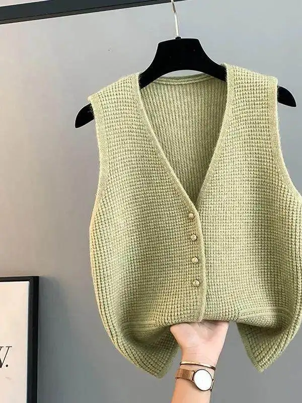Women's V-Neck Knitted Open Cardigan Vest Pure Color Layering Fashion Spring Autumn Loose Fit Top Minimalist Style