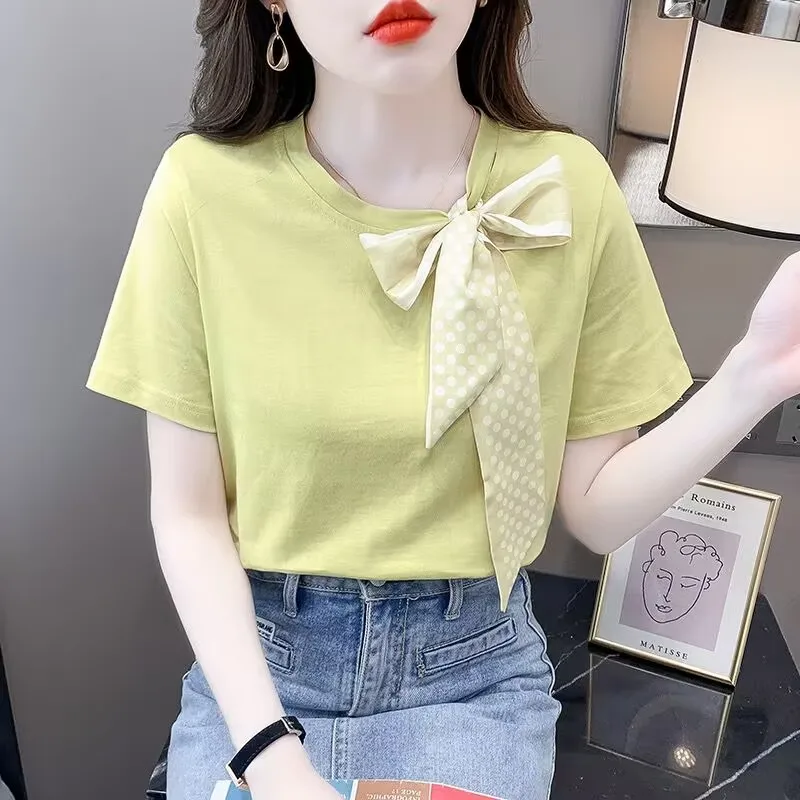 

2023 New 100% Cotton Summer T-shirt Women Elegant Bowknot T Shirt Office Lady Casual Tee Top Female Short Sleeves Loose T-shirt