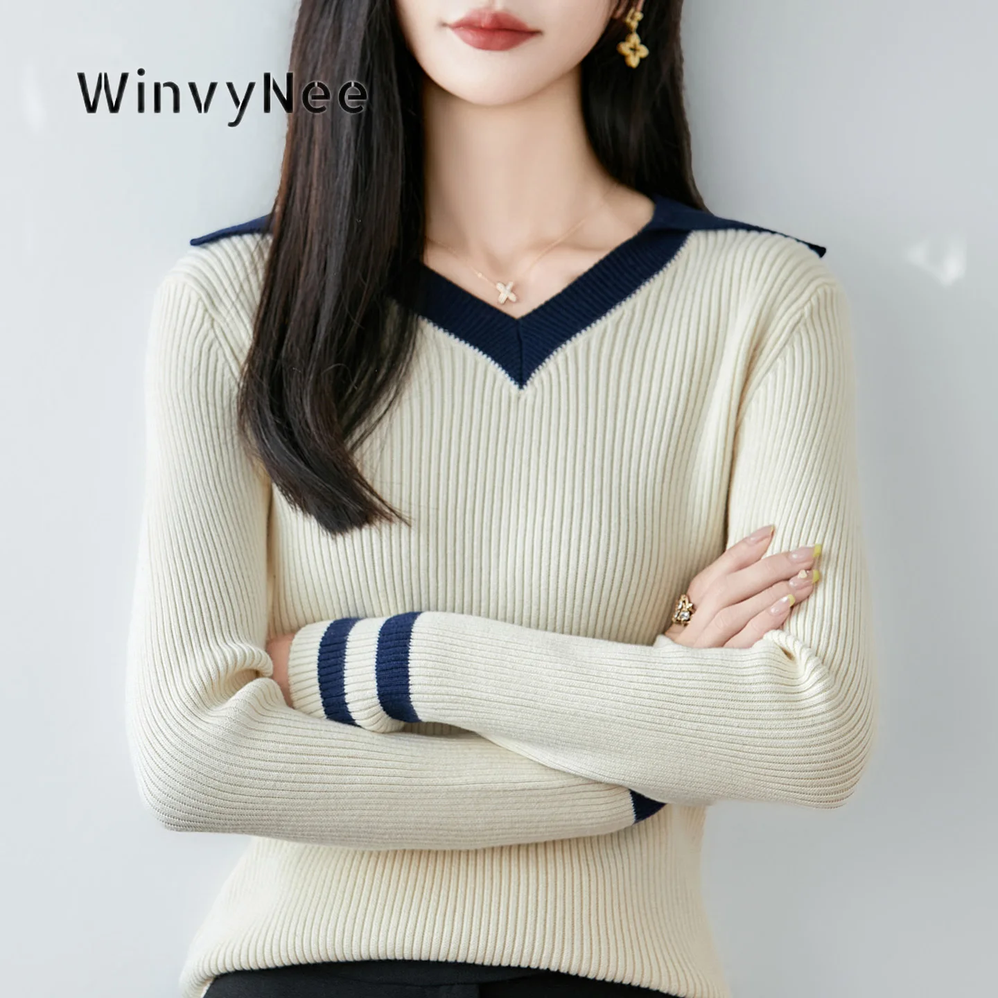 WinvyNee Women Sweater 100% Cotton Nautical Lapel V‑Neck Ribbed Knit Soft Fabric Clean Hem Smart Attire Loose Fit Days ZA1092027
