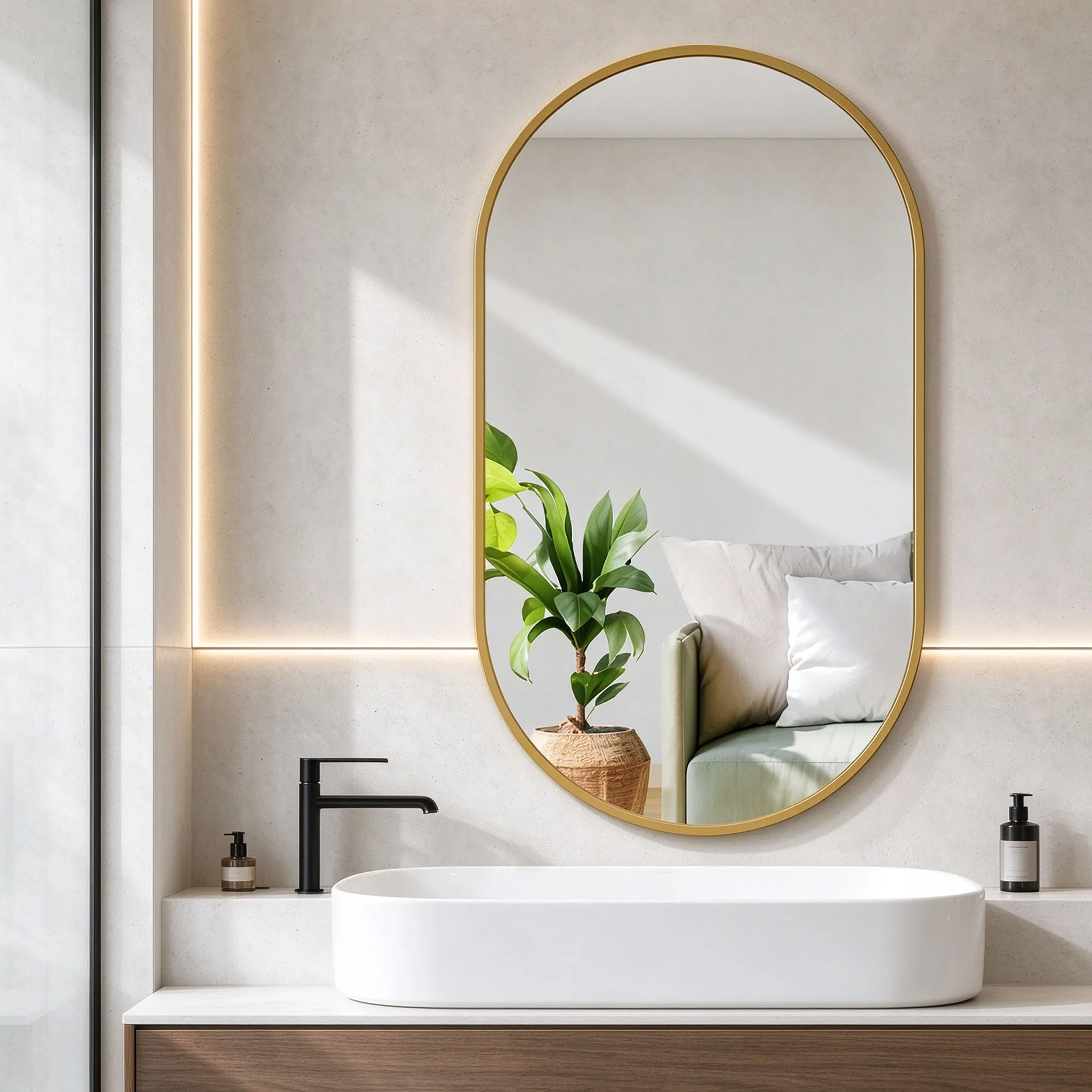 Superaly, specchio da parete ovale con cornice in metallo dorato, 75x50 cm, specchio rettangolare moderno con bordi arrotondati, specchio da parete in vetro trasparente ad alta definizione, ideale