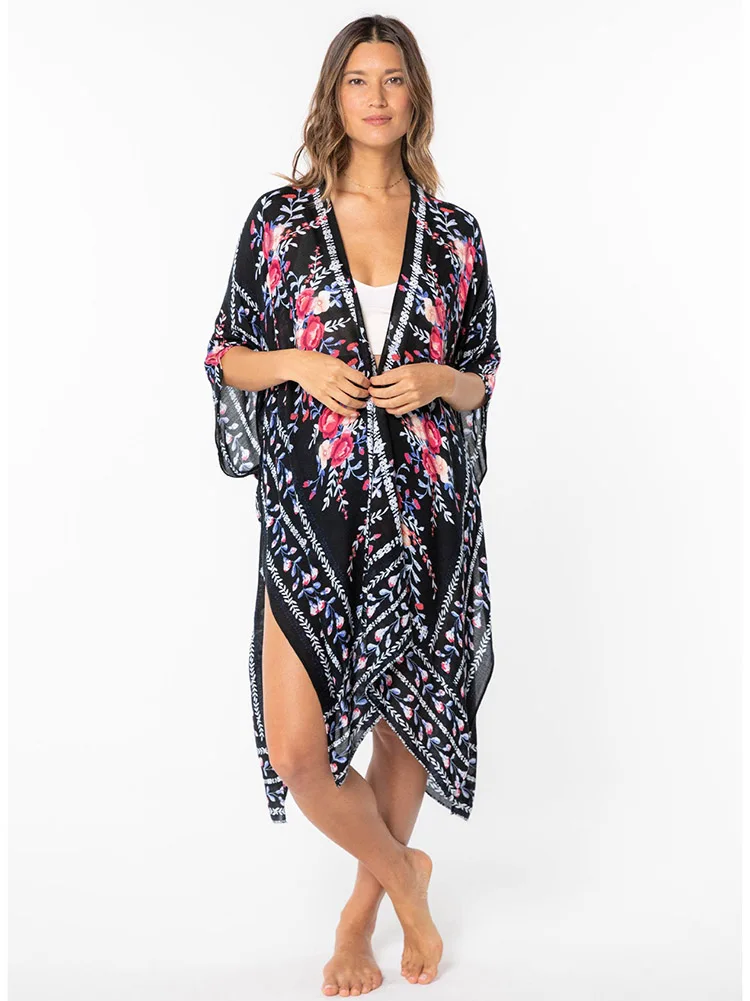 Boho Printed Bikini Cover-ups Kimono Pareo Dress Women Beach Outfits 2023 Summer Beachwear Swim Suit Cover Up Sarong