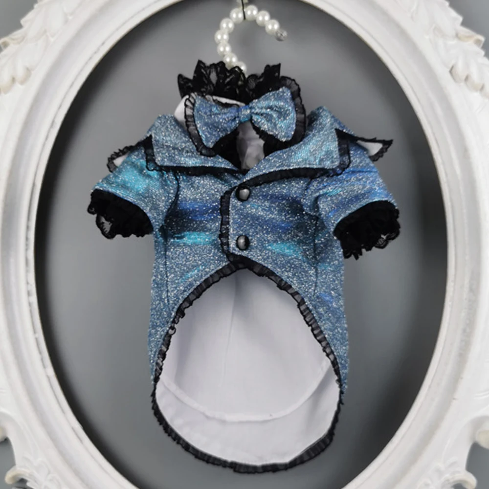 

Handmade Sparkle Fabric Lace Dog Jacket Suit with Bow Tie Smart Fashion Cat Outfit Poodle Party Two-Piece Pet Clothes