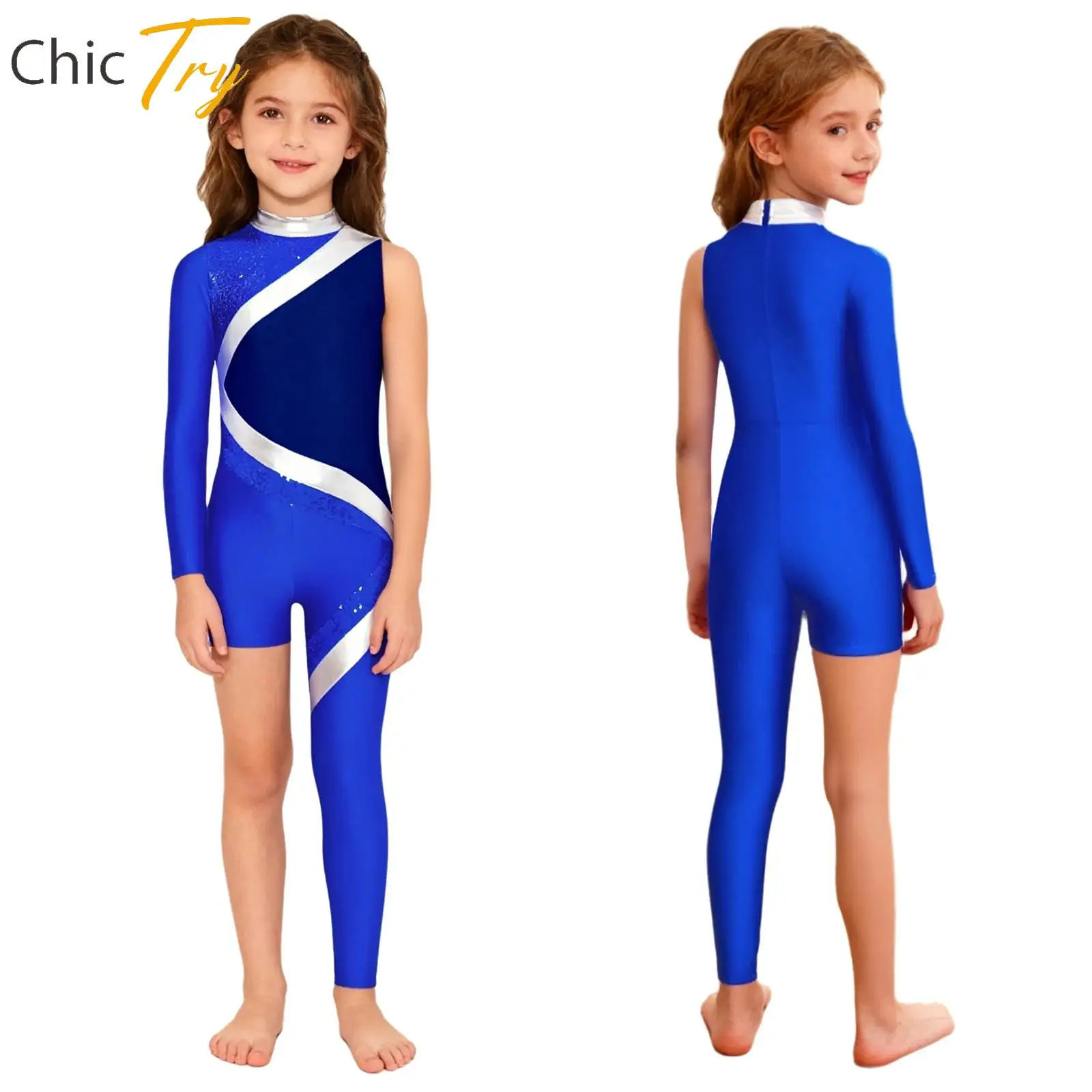 

Rhythmic Gymnastics Figure Skating Dance Jumpsuit for Girls Shiny Sequins Color Block Asymmetrical Jumpsuit Performance Costumes