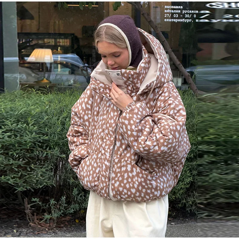 Chic Women's Elk Printed Reversible Padded Coats Hooded Full Sleeve Zip-up Pocket Cotton Jacket 2026 Winter Warm Thicken Outwear