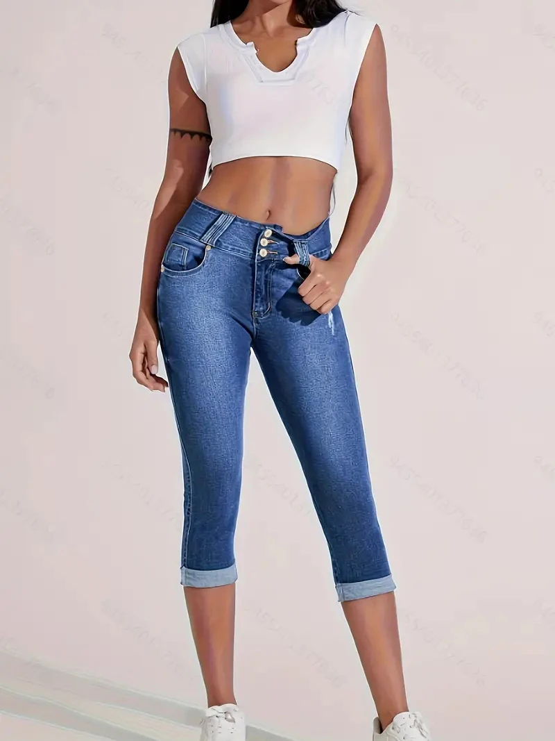 ZMTUO ผู้หญิง DENIM เอวสูง Capris รีด Hem คู่ปุ่ม Skinny Fit อินเทรนด์สบายๆฤดูร้อน Essential กางเกงยีนส์