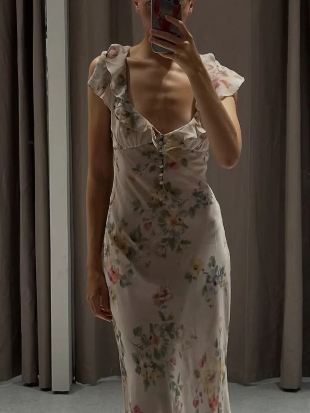 

Elegant V-Neck Midi Dress for Women Chic Flower Print Zipper Sheath Style with Buttons for Night Party Fashionable Female Vestid