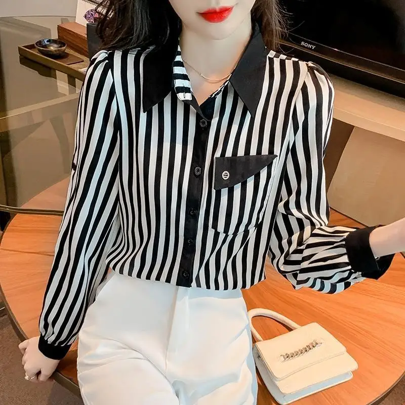 Spring Autumn New Korean Version Versatile Loose Long Sleeve Fashion Turn-down Collar Button Women\'s Striped Chiffon Shirt Tops