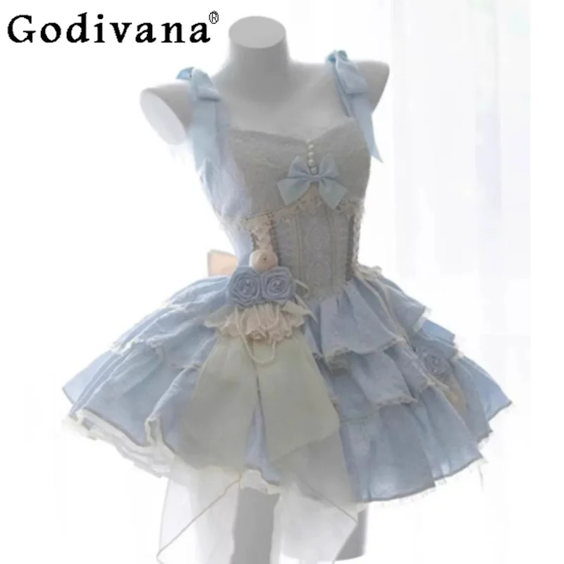 Blue Lolita Elegant Ballet Short Lolita JSK Birthday Dress Fashion High Waist A-line Slash Neck Sweet Bow Cake Banquet Dresses