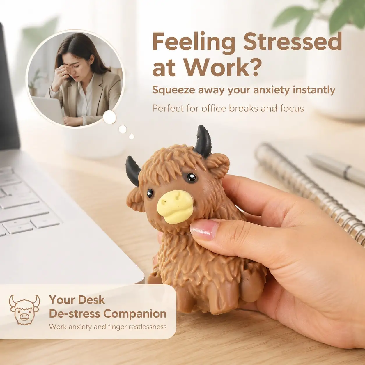 Cute Highland Cow Squeeze Toy,Soft Slow Rebound Stress Relief Toy, Japanese Animal Theme Anti-Anxiety Sensory Toy, Hand-Held Toy Suitable For Home, Office, School, Dorm, Travel, Perfect Birthday Holiday Party Gift For Kids And Adults, Novel Relaxation Toy