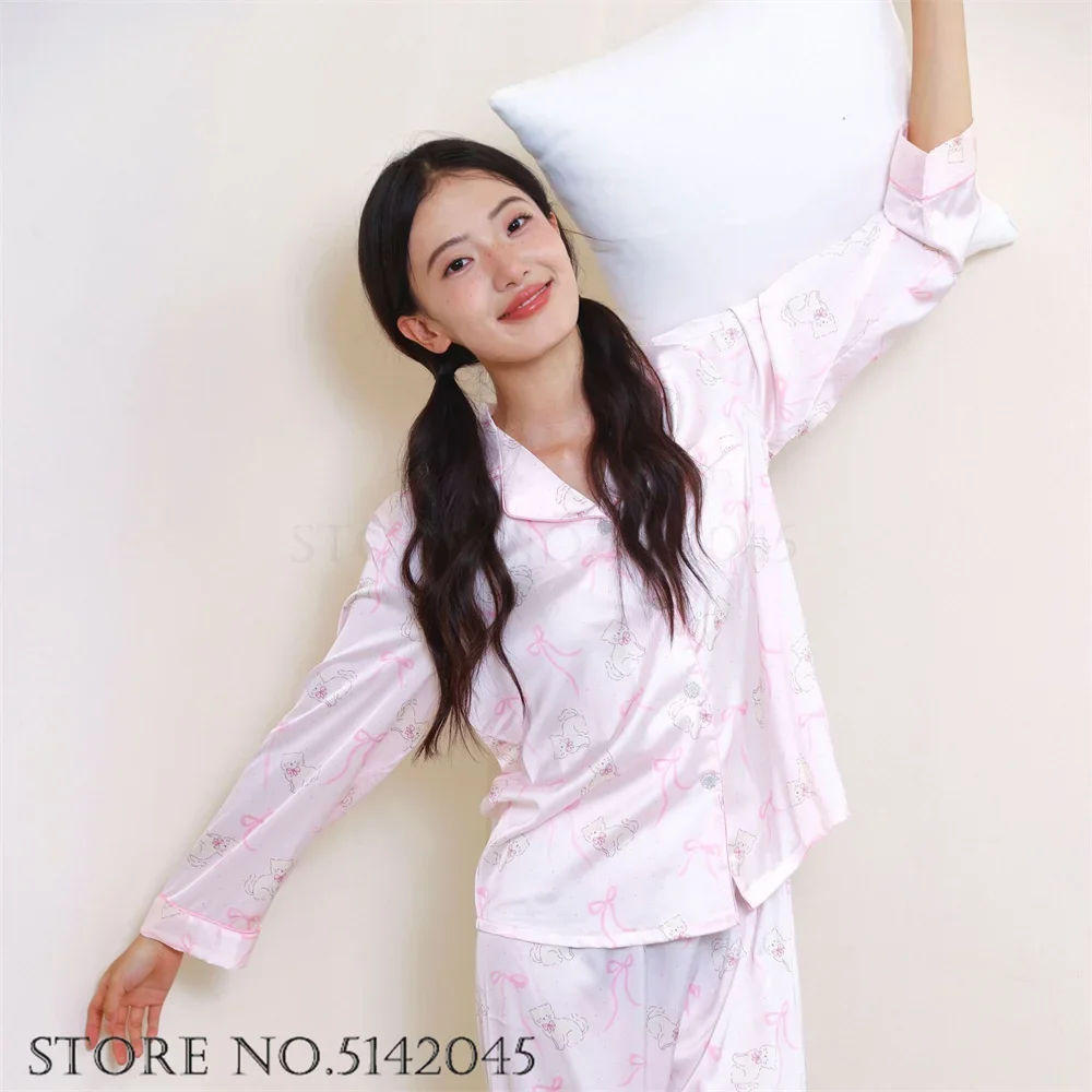 Print Cartoon Long Sleeve Trouser Pijamas Suit Spring Autumn Girl Women Pajamas Set Homewear Casual Satin Sleepwear Loungewear