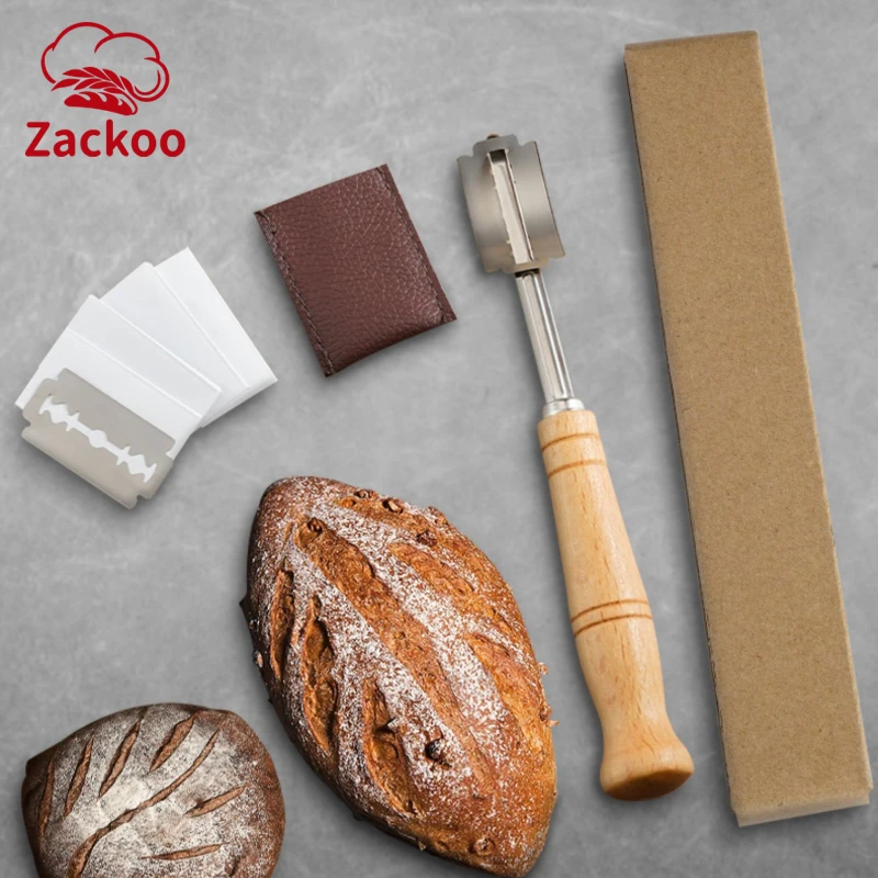 Zackoo Curved Bread Cutter with Wooden Handle 5Pcs Blades Leather Protective Bakers Sourdoug Scoring Slashing Tool Toast Knife