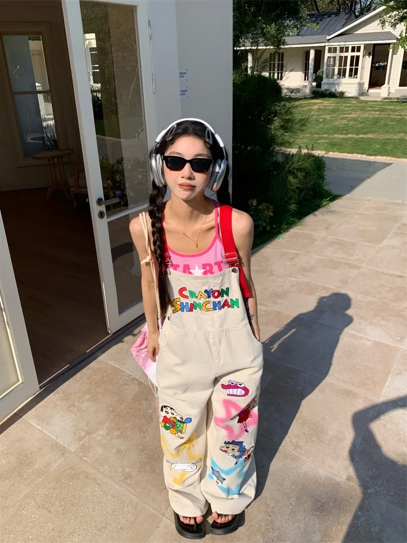 

Широкие брюки в американском стиле с мультяшной вышивкой, женские свободные повседневные длинные брюки, универсальные брюки в пол, повседневные брюки до пола