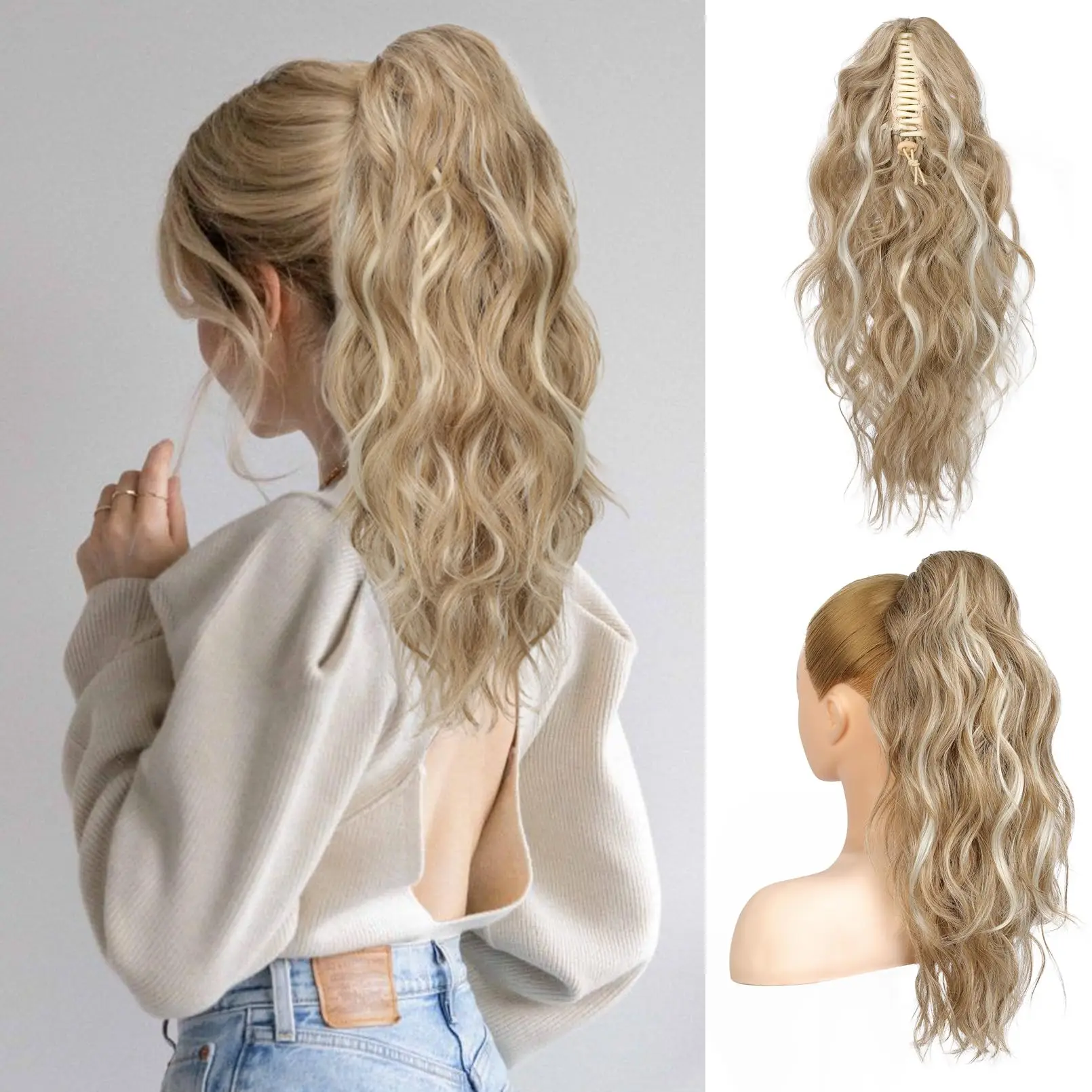 Ponytail hair extensions, 45cm claw clip ponytail, wavy curl claw clip ponytail synthetic wig