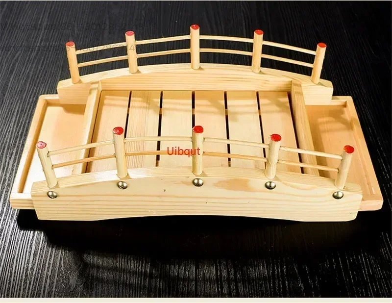 Wooden Japanese style kitchen, sushi bridge, sashimi sushi plate, tray, sushi dishes, decorations