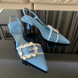 2025 Fashion Denim Blue Rhinestone Women Pumps Wedding Bride Shoes Elegant High Heels Slingback Pointed Toe Sandals Ladies Shoes