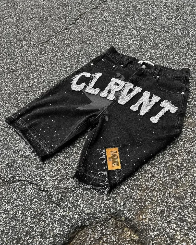 2024 American New Trend Hip-Hop Retro Letter Patch Baggy Denim Shorts Men Y2K Harajuku Gothic Black Casual Street Sports Shorts