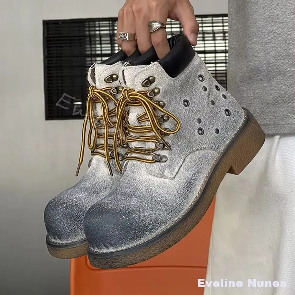 Men Vintage Distressed Suede Ankle Boots Big Round Toe Lace Up Anti Wear Casual Streetwear Boots Retro Industrial Work Boots
