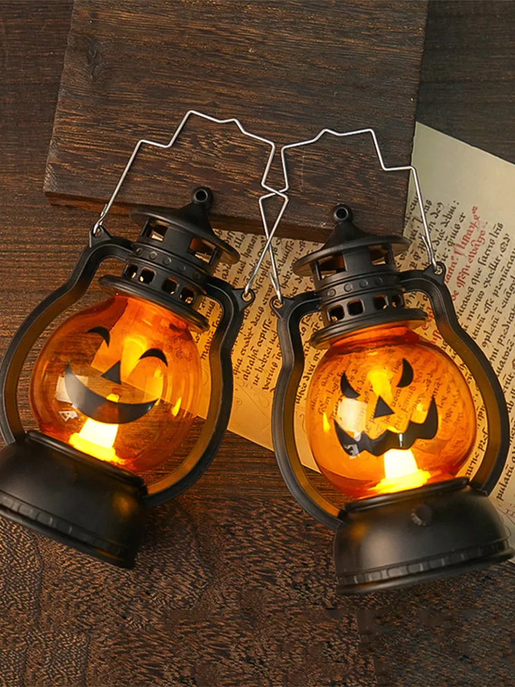 Halloween Hanging Pumpkin Lantern Light LED Ghost Lamp Candle Light Retro Small Oil Lamp Halloween Party Home Decor Horror Props