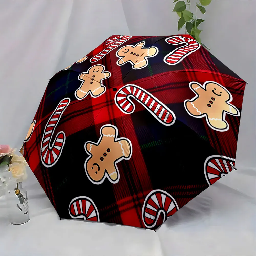 1PC Festive Red Umbrella with Gingerbread and Candy Patterns Print 8 Iron Ribs Folding Umbrella Auto-Open Fashion Sunshade