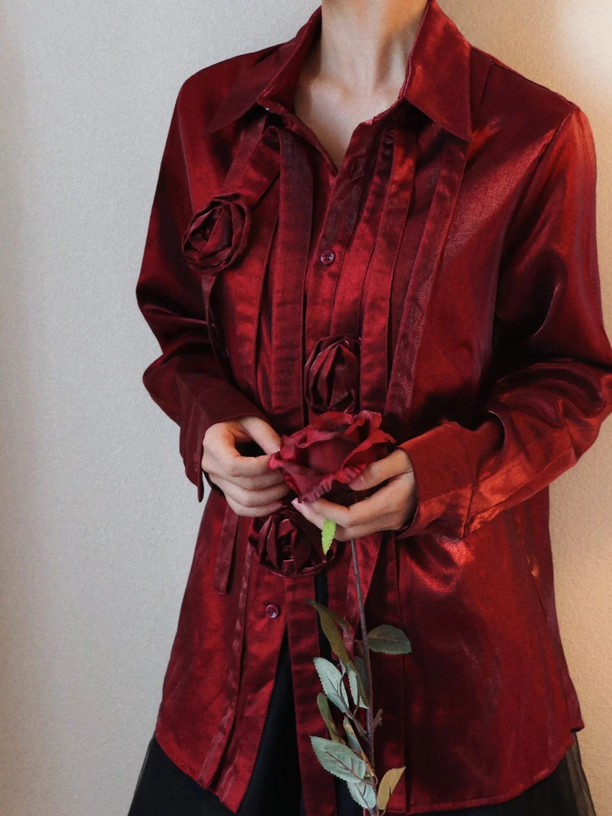 

Chiu Vintage Blood Pigeon Red irt Women Design Sensation Small Court Top New Borrowed Pattern Straight Tube Long Sve irt