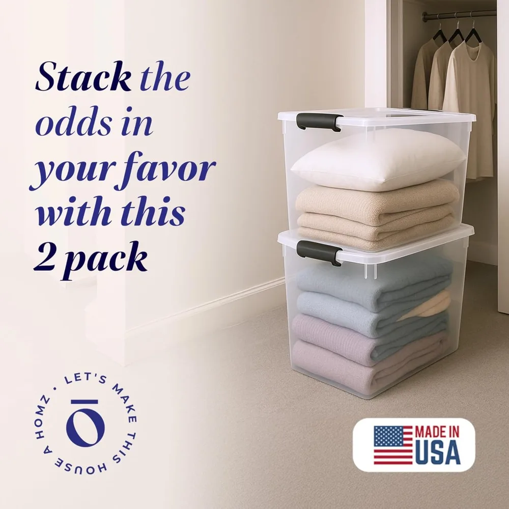 عبوتان من صناديق تخزين بلاستيكية شفافة كبيرة مع أغطية قفل، وصناديق حاويات قابلة للتكديس سعة 112 لترًا لتنظيم المنزل #2