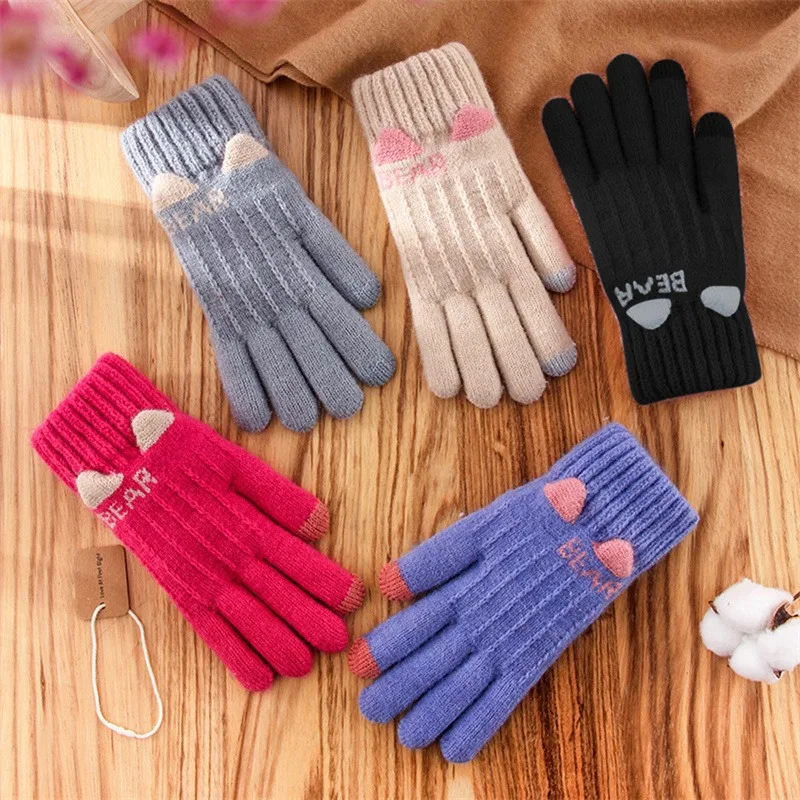 Women's Knit Gloves Touchscreen Warm Ski Winter Thickened Gloves Knitted Gloves Boys Girls Outdoor Cycle Gloves