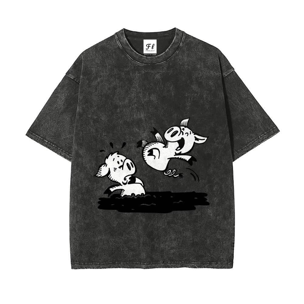 T-shirt vintage lavata streetwear con stampa di maiali dei cartoni animati, estetica in difficoltà, design divertente, abbigliamento quotidiano confortevole e alla moda