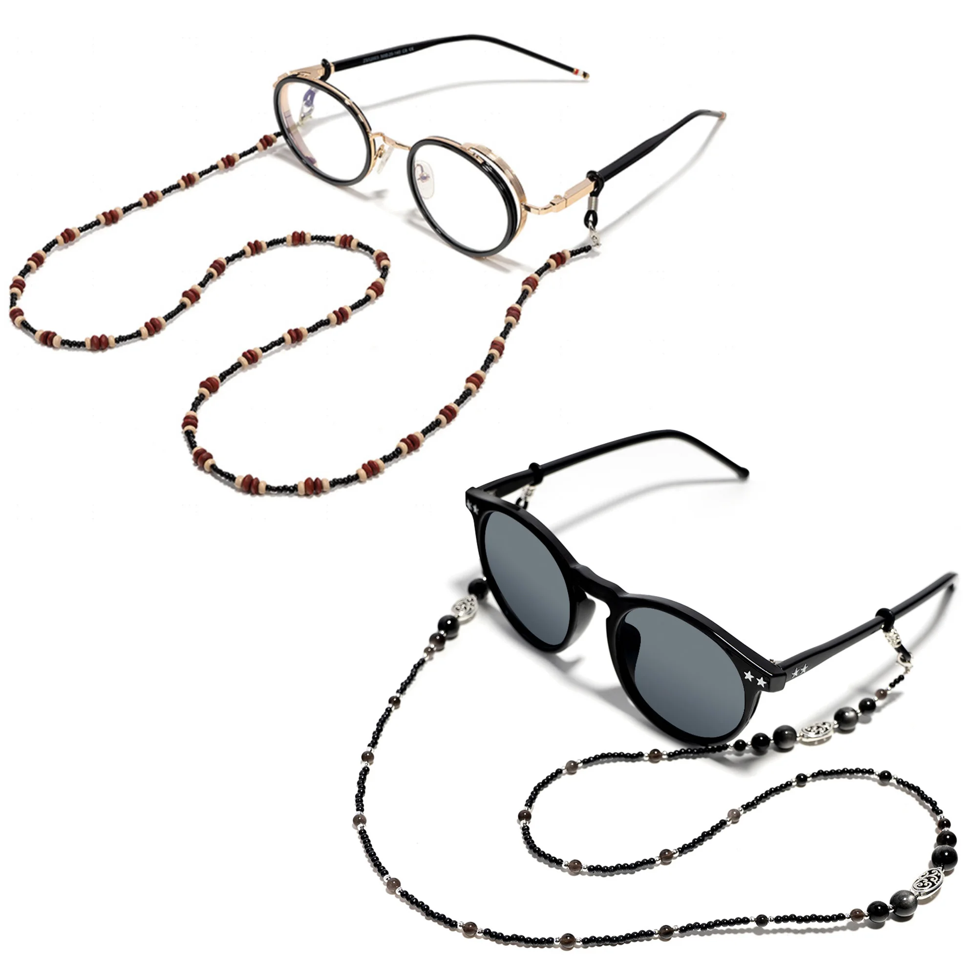 2-Pack Beaded Eyeglass Chain for Women – 75cm Wooden Bead & Cat Eye Stone Glasses Lanyard, Anti-Loss Sunglasses Retainer Strap