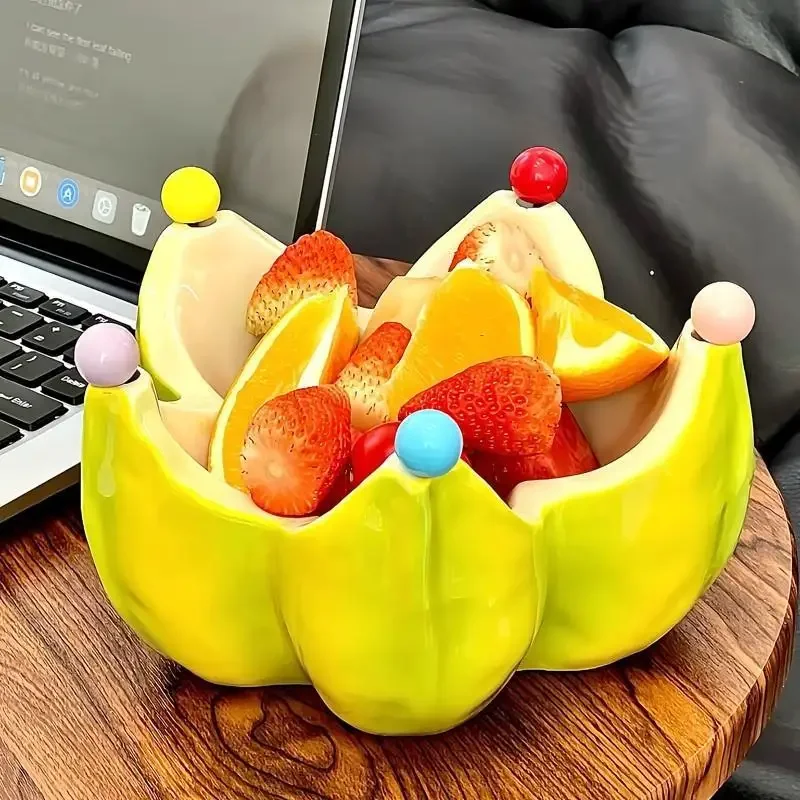 Ceramic Starfruit Fruit Bowl Set with Stainless Steel Fruit Forks Large-Capacity Ceramic Salad and Dessert Bowls for Home Use