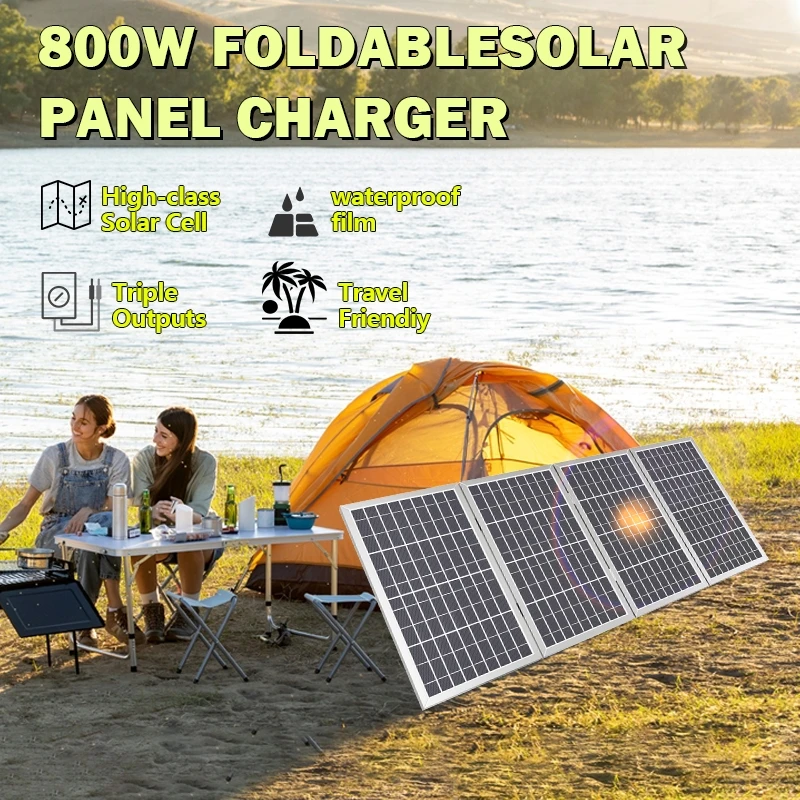 800W 12V Foldable Portable Solar Panel with High Efficiency Polycrystalline Silicon Cells for Outdoor Camping RV Boating