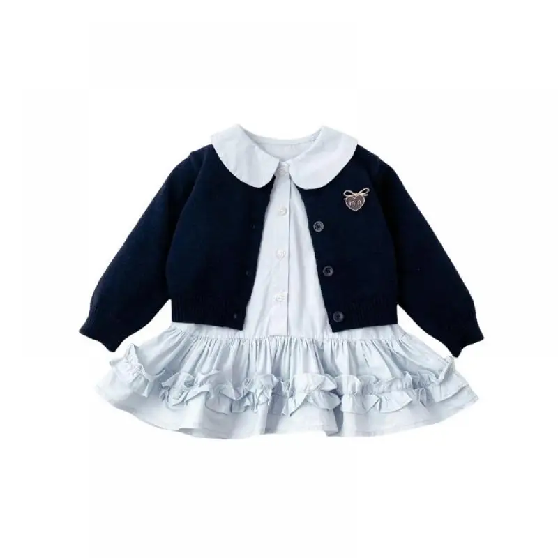 2024 Girls Autumn New Love Long Sleeves Knitted Cardigan Solid Color Children Doll Collar Dresses Two Piece Set Casual Clothing