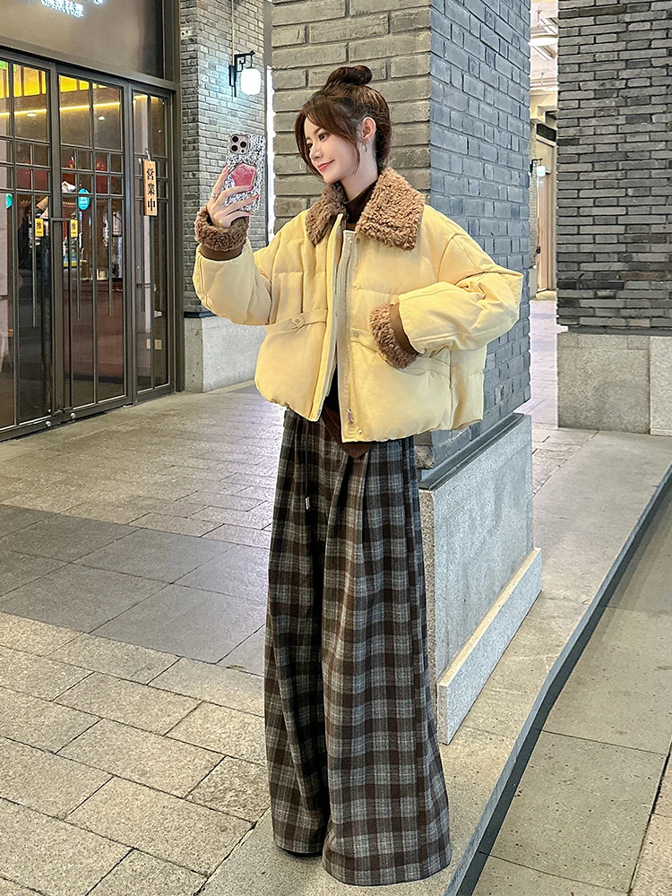 노란색 양털 트리밍 숏 다운 재킷 여성용 루즈핏 겨울 아우터 한국 스타일 따뜻한 두꺼운 코트 여성용