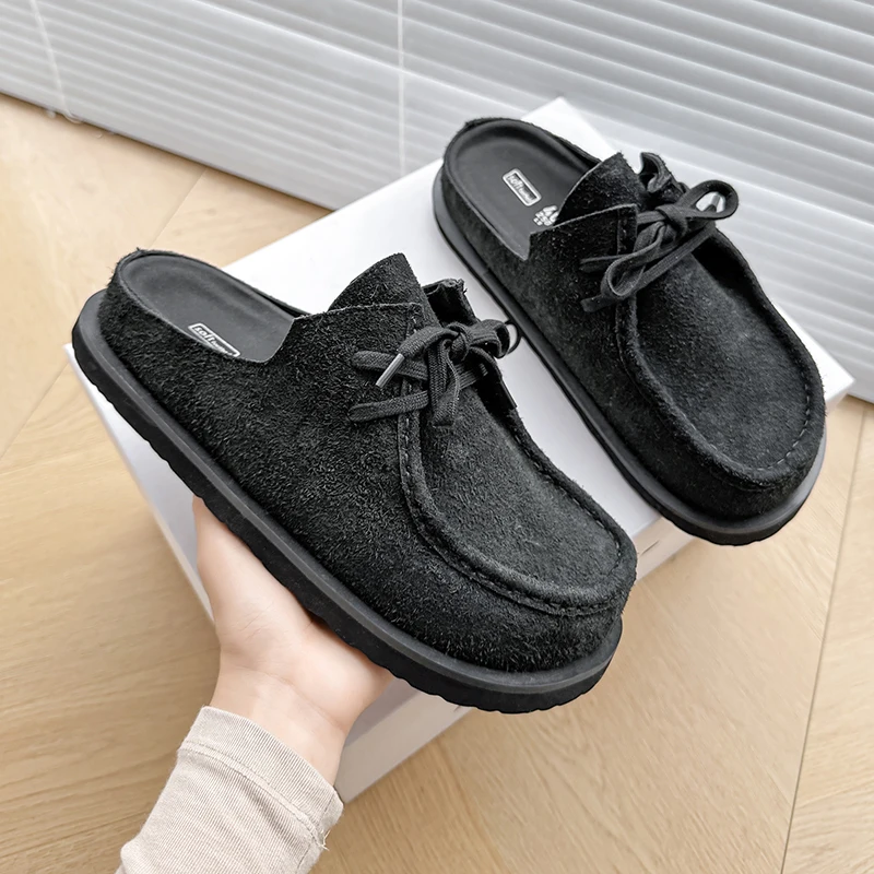 

Vintage Half Shoes for Men Women Mules Leather Loafers Slipper Open-back Casual Boat Shoes Backless Slides Sandal Slip On Flats